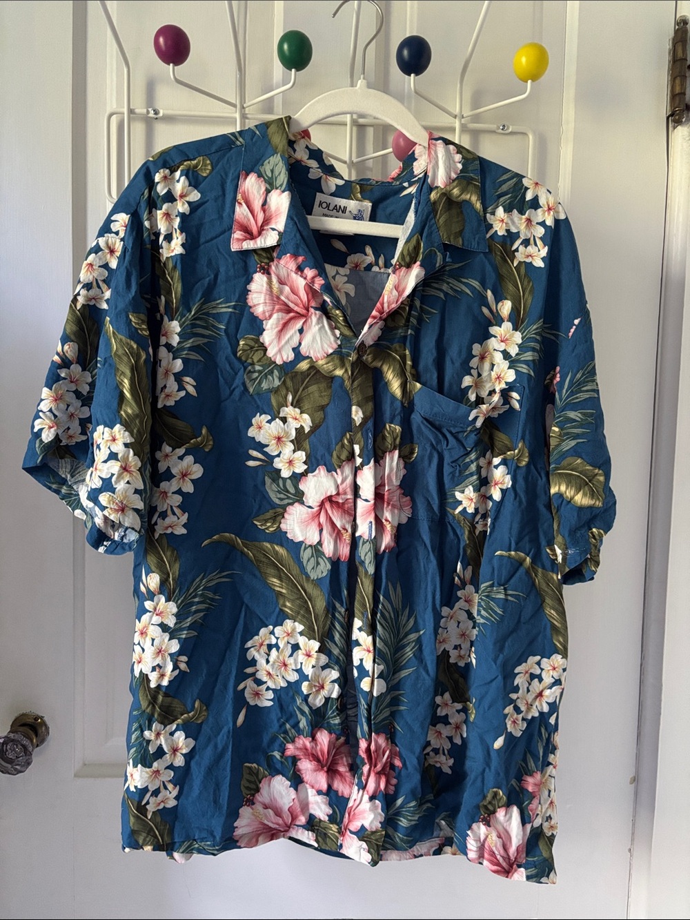 Vintage IOLANI Blue Floral Hawaiian Button-Up Shirt